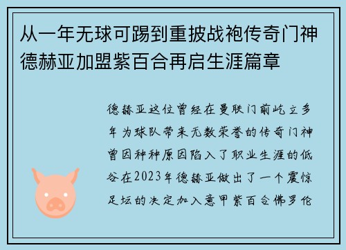 从一年无球可踢到重披战袍传奇门神德赫亚加盟紫百合再启生涯篇章 从一年无球可踢到重披战袍传奇门神德赫亚加盟紫百合再启生涯篇章