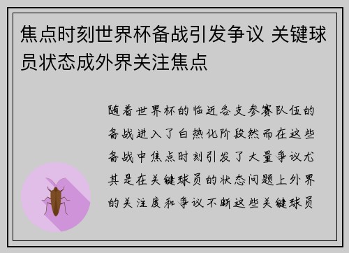 焦点时刻世界杯备战引发争议 关键球员状态成外界关注焦点