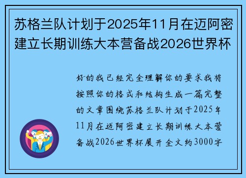苏格兰队计划于2025年11月在迈阿密建立长期训练大本营备战2026世界杯